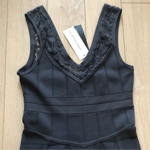 NWT French Connection Katie Crepe Lace Detailed Sleeveless V Neck Dress in Grey - Picture 2 of 14